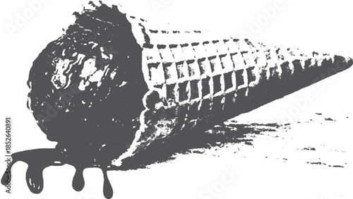 A melted ice cream cone in black and white. Simple vector illustration emphasizing texture and linear details.