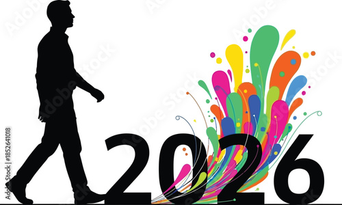 Silhouette of a person walking toward the vibrant and colorful celebration marking the arrival of the year 2026