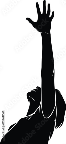 Silhouette of a woman reaching her hand high towards the sky in a gesture of hope or success against white background
