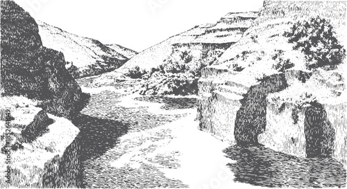 Landscape illustration of a river flowing through a canyon. Detailed black and white ink drawing in a vector style showcasing natural scenery.
