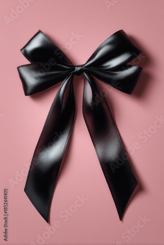 black satin coquette bow laid flat on soft pink background elegant feminine decorative object minimal studio scene concept of fashion accessories, boutique branding, creative marketing