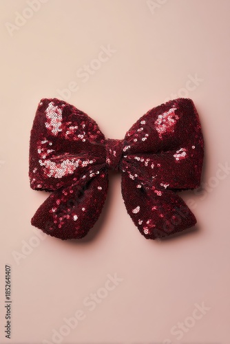 decorative red sequin coquette bow on soft pink background bold glamorous flat lay composition with festive mood concept of holiday marketing, accessory retail, creative presentation