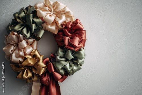 round wreath crafted from satin coquette bows in warm muted tones displayed on minimal wall elegant decorative accent concept of boutique decor, creative branding, seasonal design