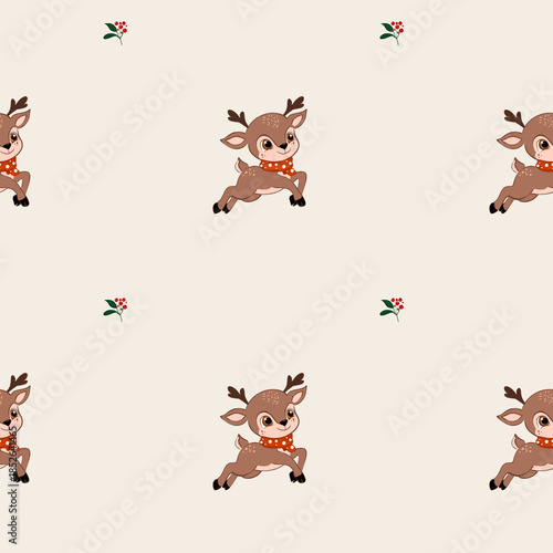 Cute deer pattern with red flowers on a light background for decorative use in various crafts and designs