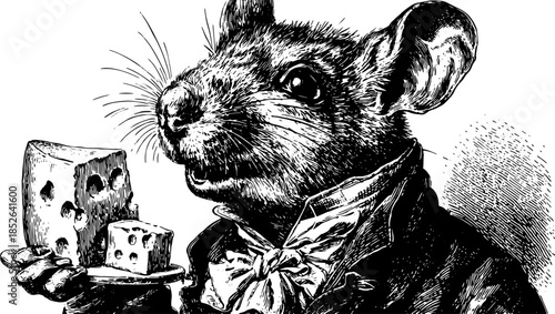 Mouse holding cheese on a plate. Vintage illustration in black and white featuring a dapper character style. Humorous vector illustration.
