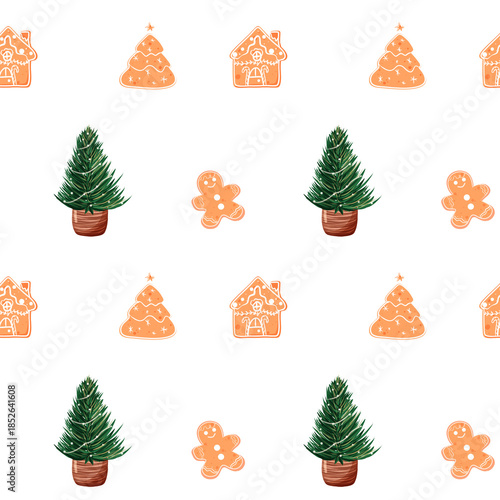 Colorful pattern of holiday decorations with trees, gingerbread, and houses on light background