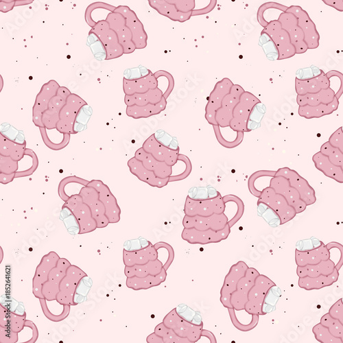 Pattern design featuring pink mugs with whipped cream on a light background