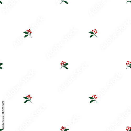 Colorful floral pattern on a light pink background with small red flowers and green leaves arranged evenly