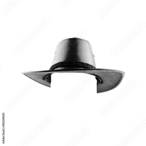 Classic wide brim hat in black and white halftone style. Minimal retro headwear illustration isolated on white background for fashion, vintage design, poster, logo or editorial use.