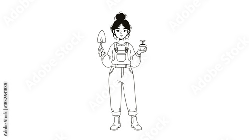 Cartoon woman in green overalls holding a shovel and a small plant outdoors