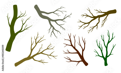 Bare Tree Branches Silhouettes, Leafless Winter Tree Branches, Dead Tree Twigs, Spooky Halloween Bare Branches, Isolated Tree Limbs, Vector Bare Tree Elements