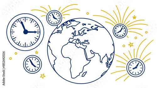  Global new year celebration world map with clocks and fireworks vector