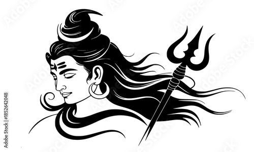 Lord Shiva Side Profile with Trishul, Mahadev Fierce Face Silhouette, Hindu God Shiva with Trident and Flowing Hair, Adiyogi Shiva Head Illustration, Black and White Shiva Portrait with Crescent Moon