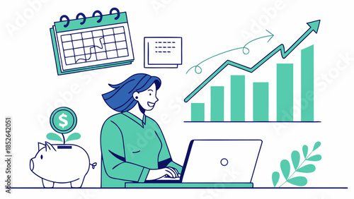  Woman planning savings and investments on laptop with growing financial chart vector illustration
