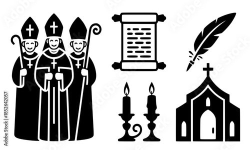 Christian Religious Icons Set, Bishops and Priests Silhouettes, Church Altar with Candles and Cross, Holy Bible Scroll and Quill Feather, Catholic Clergy in Robes Vector Pack