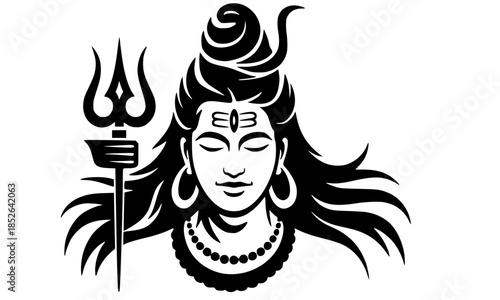 Lord Shiva with Trishul and Crescent Moon, Mahadev Face Illustration, Hindu God Shiva Portrait, Adiyogi Shiva with Third Eye, Traditional Shiva Vector Art, Black Silhouette Shiva Head with Trident