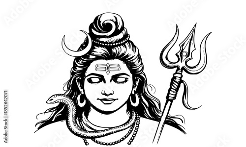 Lord Shiva Full Face Illustration, Mahadev with Trident and Crescent Moon, Hindu God Shiva Portrait, Adiyogi Shiva with Third Eye, Traditional Shiva Vector Art, Black and White Shiva Line Art, Divine 