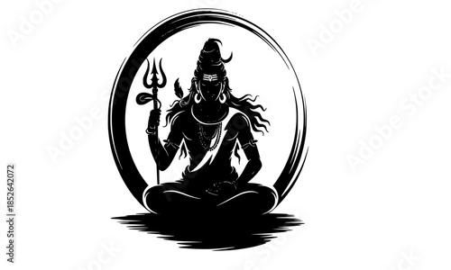 Lord Shiva Meditating in Circular Frame, Mahadev with Trishul in Lotus Pose, Adiyogi Shiva Silhouette in Oval Halo, Divine Shiva Meditation Vector Art, Black and White Shiva with Trident and Crescent 