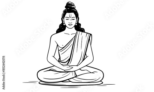 Lord Buddha Meditating in Lotus Pose, Seated Buddha in Padmasana, Traditional Buddha Meditation Line Art, Peaceful Buddha with Robe and Topknot, Black and White Buddha Silhouette, Spiritual Buddha 