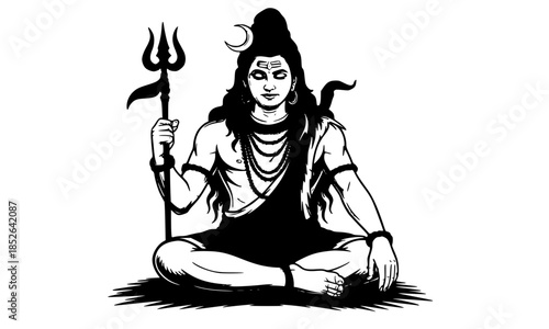 Lord Shiva Meditating in Lotus Pose, Mahadev Seated with Trishul and Crescent Moon, Adiyogi Shiva in Meditation, Hindu God Shiva Yoga Pose, Traditional Shiva Cross-Legged Illustration, Black and White