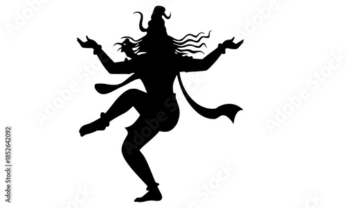 Shiva Tandav Dance Silhouette, Lord Shiva Dancing Fiercely, Mahadev Tandava Pose, Cosmic Dance of Shiva, Shiva Nataraja Silhouette, Hindu God Shiva Tandav, Dynamic Shiva Dance Vector, Black Silhouette