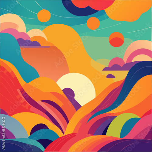 Abstract Colorful Landscape with Rolling Hills and Orbs