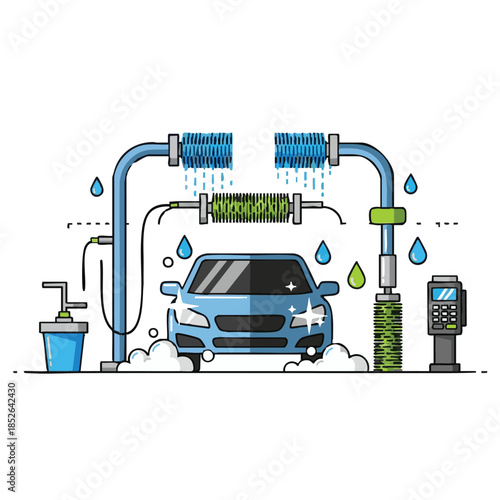 Car undergoing automated washing process with water jets and soap suds in a modern car wash facility