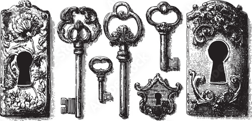 Set of vintage keys and locks shown in detailed illustration, highlighting ornate designs. Black-and-white vector illustration emphasizing craftsmanship.