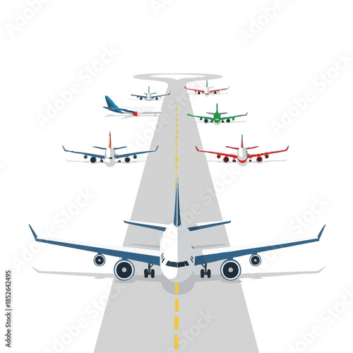 Multiple airplanes on runway with one approaching for landing in aerial view