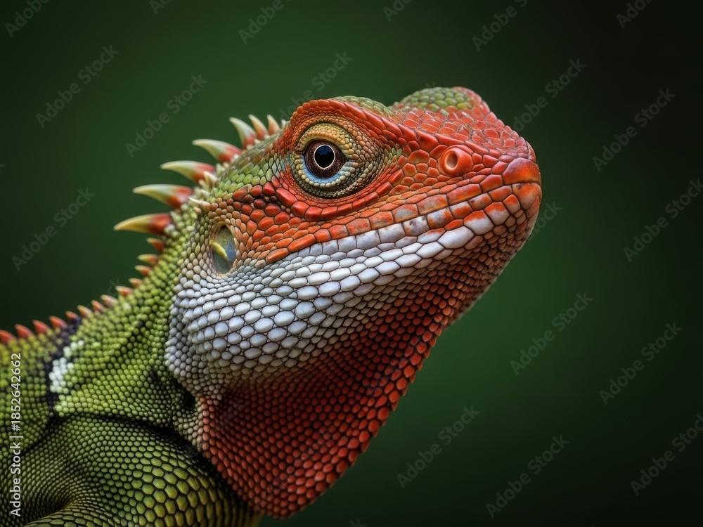 Fototapeta premium A closeup of a green and orange lizard with a spiky back and a scaly face looking to the right