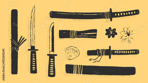 Katana sword and blade set in black and white. Traditional Japanese tools illustrated in a simple vector illustration.