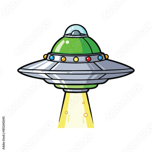 A futuristic illustration of a green UFO descending with multicolored lights on a white background from a front viewpoint.