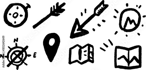 Map elements set. Black and white vector illustration of arrows, compasses, and location icons for navigation and direction.