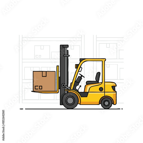 A yellow forklift transporting a cardboard box in a warehouse environment from a side viewpoint.