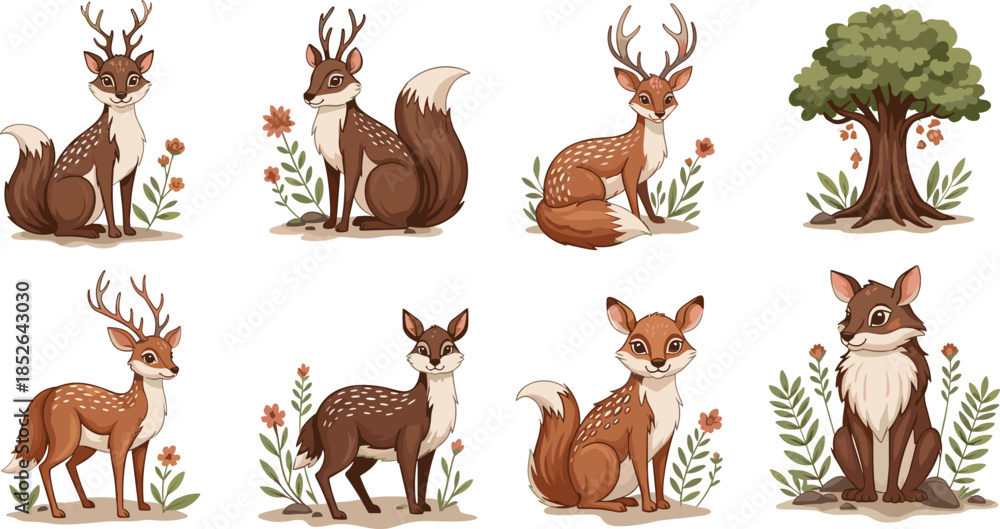 Fototapeta premium Whimsical forest animals, cartoon deer-fox hybrids, fantasy woodland creatures, nature clipart, stylized tree vector, decorative wildlife bundle