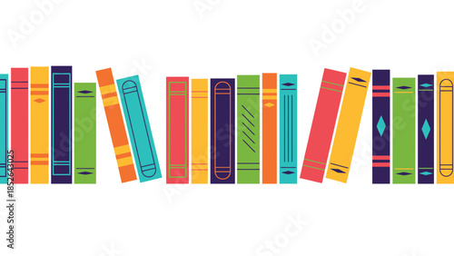 Colorful illustration of bookshelf with multicolored books on white background for education and reading