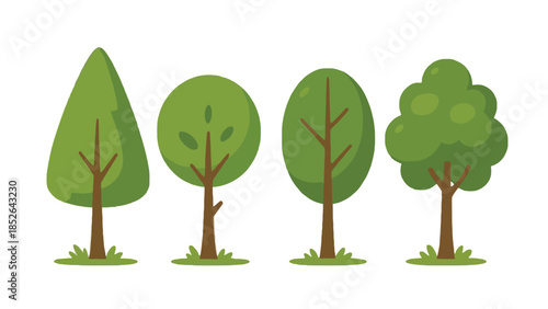 Four cartoon trees with different shapes and green leaves on white background
