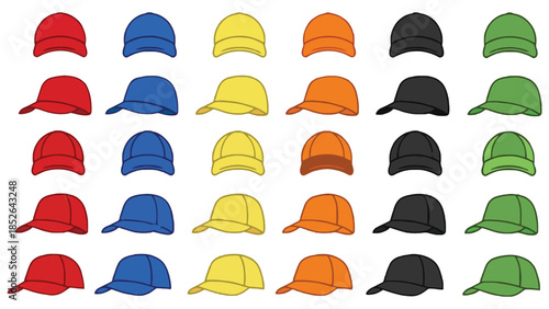 Colorful baseball caps in various styles and colors arranged in rows on white background