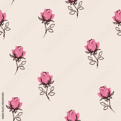 Minimal seamless vector pattern with pink rose buds, thin hand drawn outlines and leaves on light beige background, creating elegant romantic floral design for textiles and decor