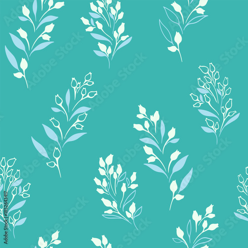 Seamless vector pattern with delicate floral branches featuring soft cream buds and light blue leaves on a teal background. Elegant botanical design for textiles, packaging, wallpaper, and decor