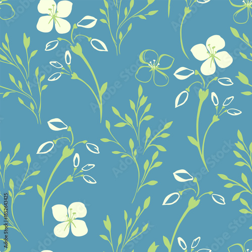 Seamless vector pattern with simple white flowers and fresh green leaves on blue background, minimal floral print ideal for fabric, wallpaper, stationery, wrapping paper set