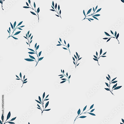 Seamless vector pattern with scattered leafy branches in blue and teal tones on light background, minimalist botanical design ideal for fabric, wallpaper, packaging stationery use
