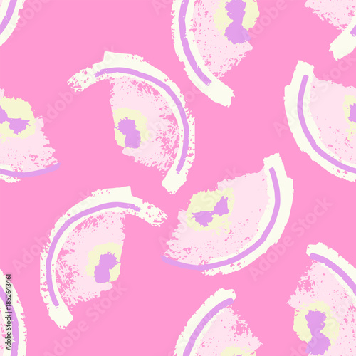 Seamless vector pattern with abstract hand painted shapes and textured arcs in pink, cream and lilac tones, creating playful modern background for fabric, wallpaper, packaging print