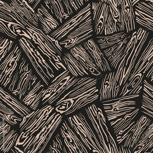 Seamless vector pattern with hand drawn wood grain texture in black and beige tones, creating bold organic background for fabric, wallpaper, packaging, wrapping, and textile print