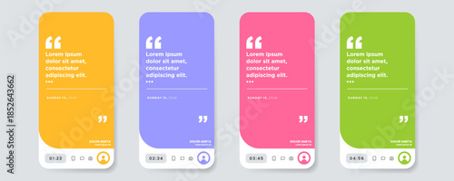 Colorful social media story or post templates featuring quote cards with rounded edges, text space, and time indicators, optimized for mobile display and presentation.