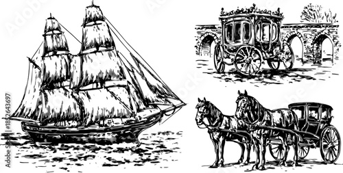 Vintage ship and horse-drawn carriage set. Classic black and white vector illustration showcasing travel and transport modes in a historical context.