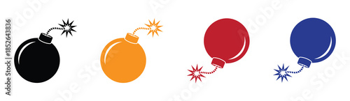 Isolated bomb icon. Colorful bomb icons. Depicts a classic cartoon bomb with a lit fuse on a transparent background. Exploding weapon illustration.
