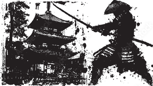 Samurai warrior with a sword in a dramatic stance. Black ink silhouette of traditional culture, vector illustration set against a pagoda.