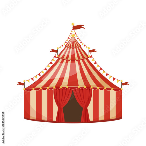 Classic circus tent illustration isolated on white, featuring red and cream stripes, flags, and decorative bunting for carnival events.