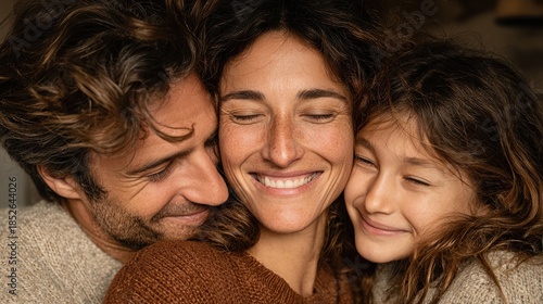 A happy family of three celebrates success together in their warm home, embracing with smiles and closed eyes in a tender moment of love and togetherness.